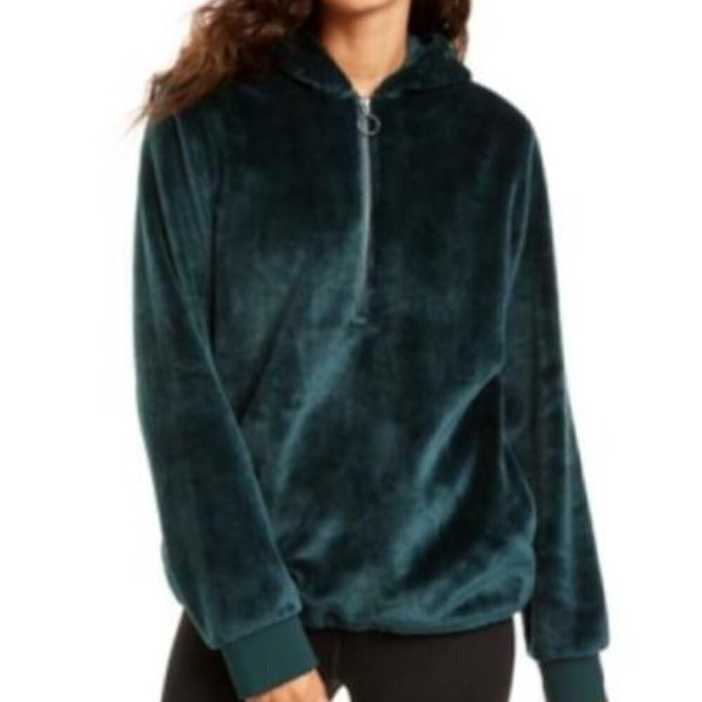 Ideology Dark Green Faux Fur Long Sleeve Quarter Zip Hoodie Sweatshirt Small